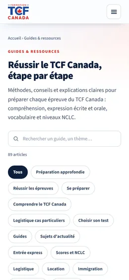 Formation TCF Canada: blog page on a phone