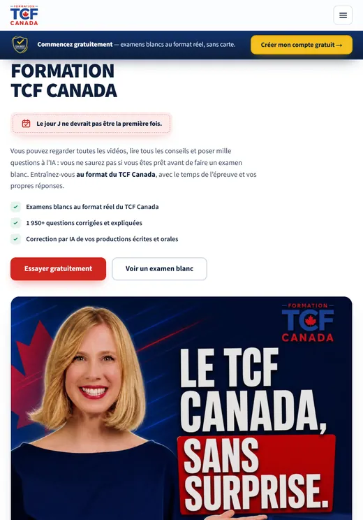 Formation TCF Canada home page on a tablet