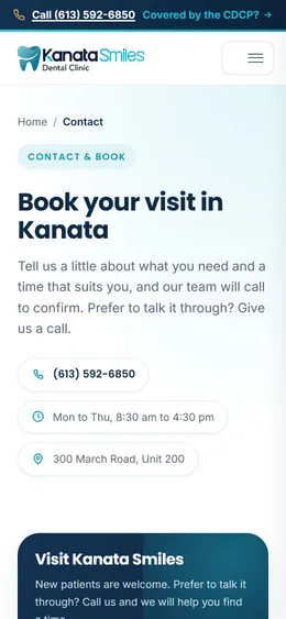 Kanata Smiles: contact page on a phone