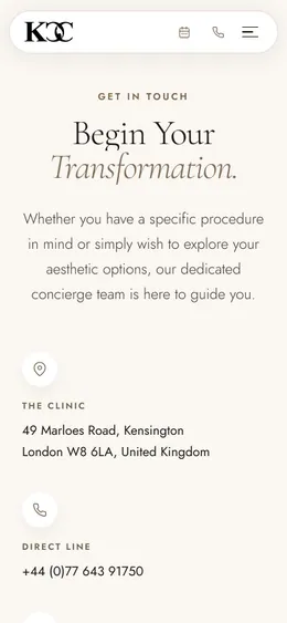 Kensington Cosmetic Clinic: contact page on a phone