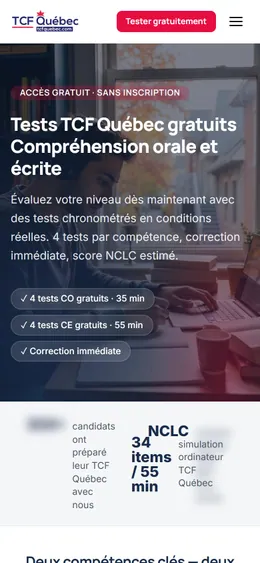 TCF Québec: tests gratuits page on a phone