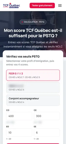 TCF Québec: calculateur pstq points page on a phone