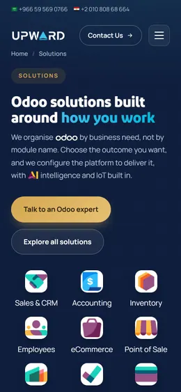 Upward Technologies: solutions page on a phone