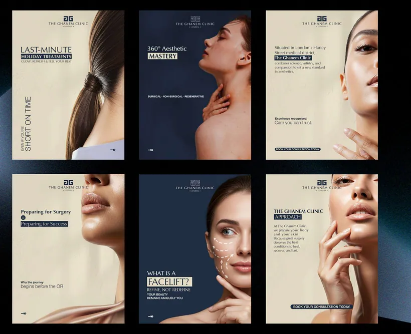 The Ghanem Clinic: A social post system in navy, cream and gold, plus edited videos (1 of 2)