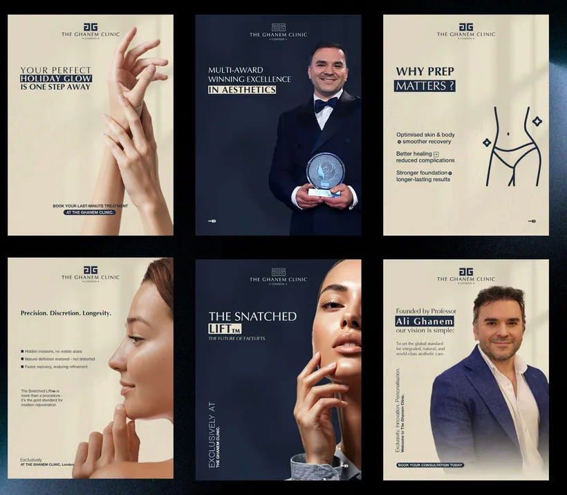 The Ghanem Clinic: A social post system in navy, cream and gold, plus edited videos (2 of 2)