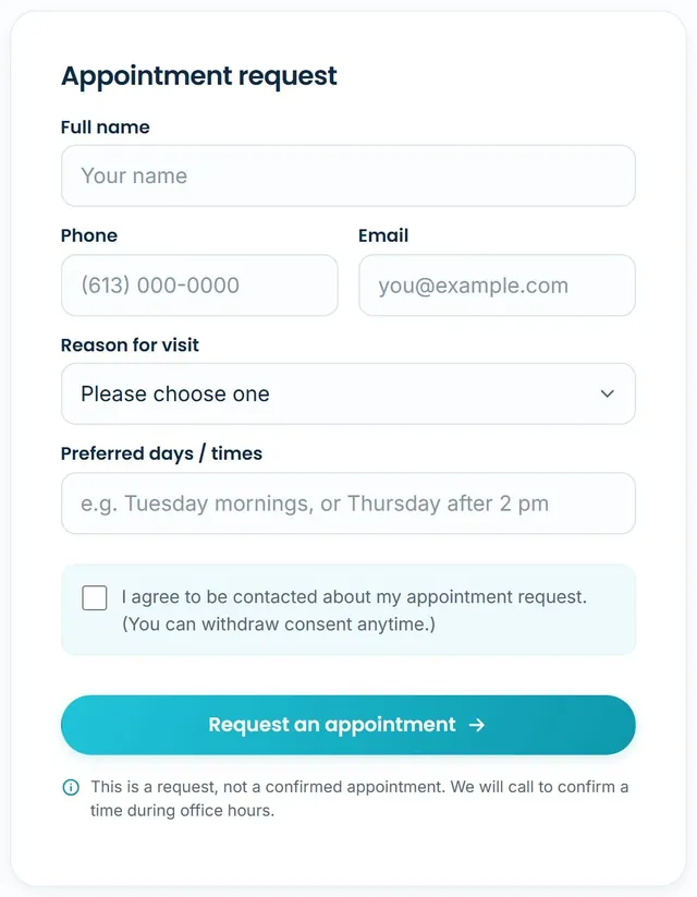 Kanata Smiles: appointment request form with a consent checkbox