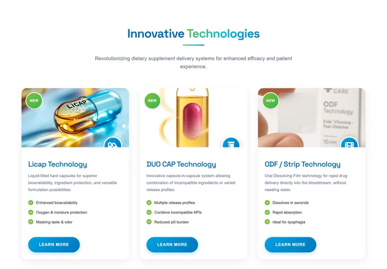 Med Care Pharmaceutical: Six manufacturing technologies, each with its own page