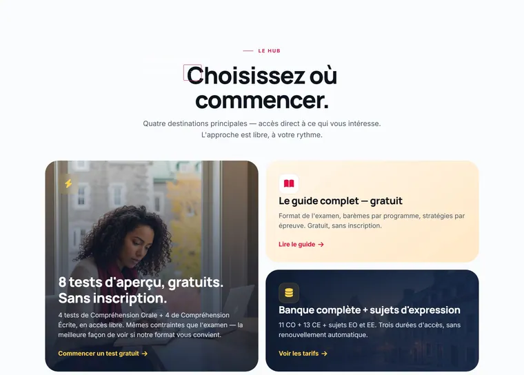 TCF Québec: A "choose where to start" hub: free tests, free guide, full bank