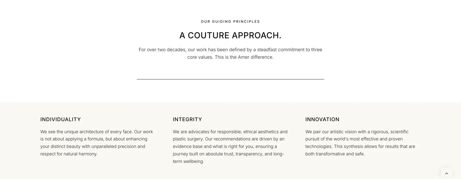 The three guiding values surfaced as homepage architecture