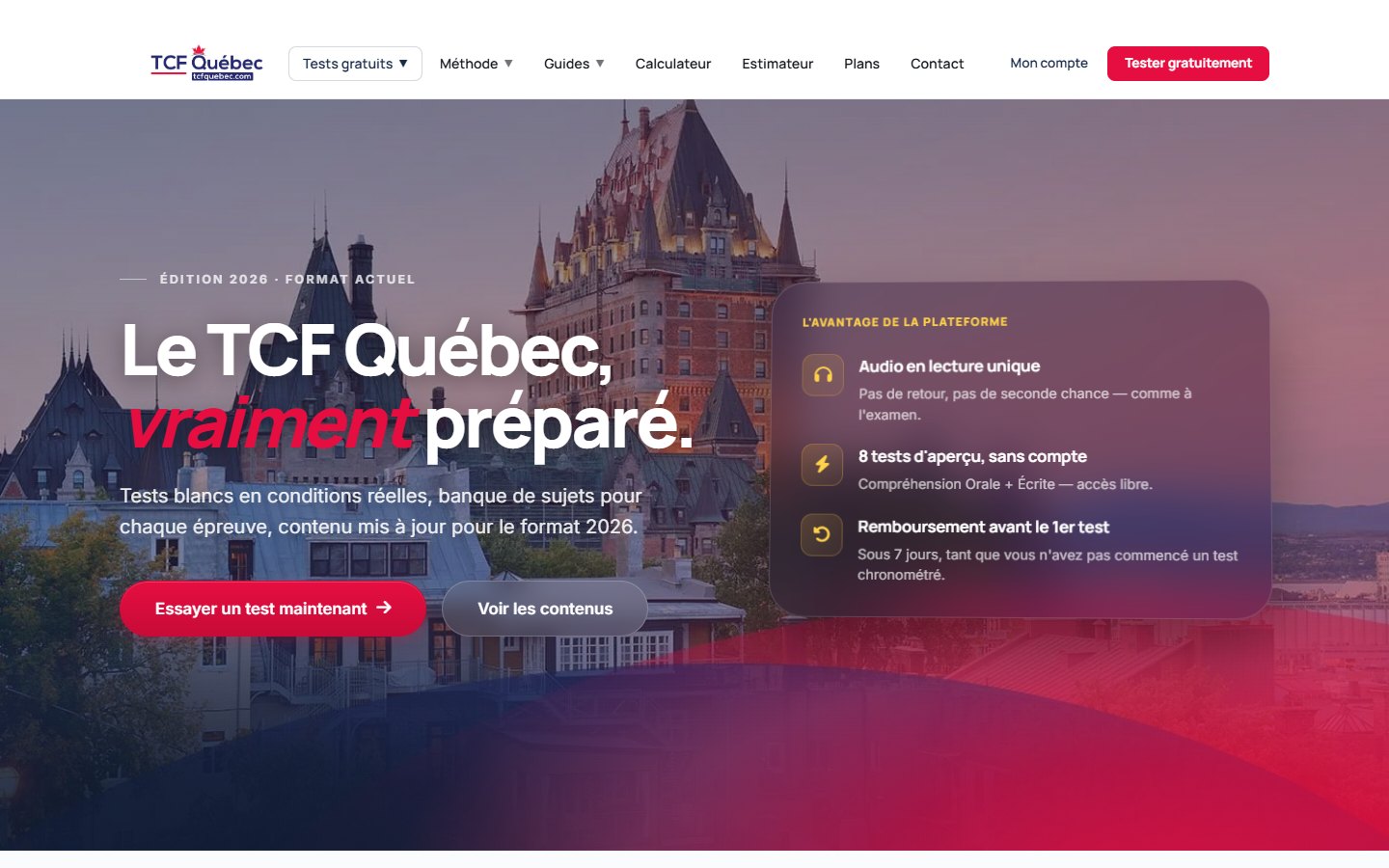 TCF Quebec exam preparation website, built by Digilayers
