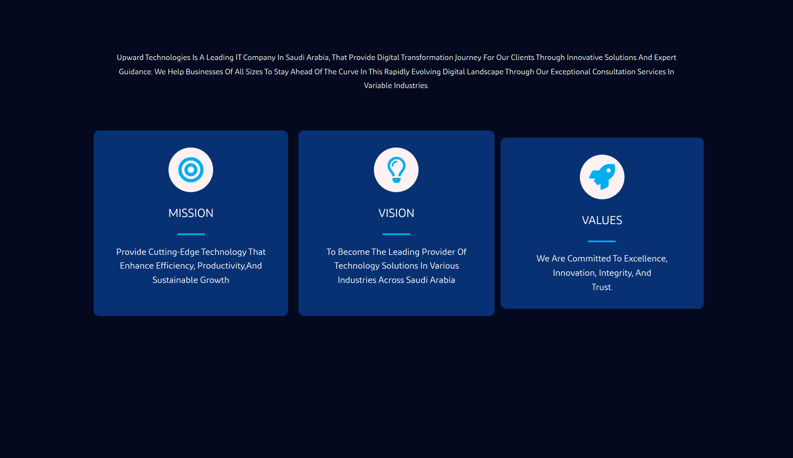 About section with Mission, Vision and Values pillars