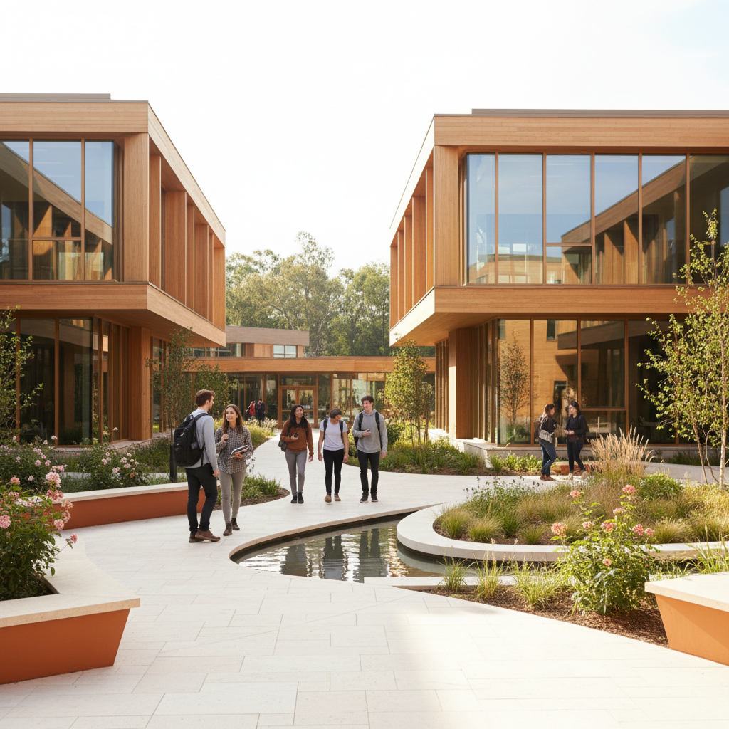 A modern private college campus with students walking through a landscaped courtyard