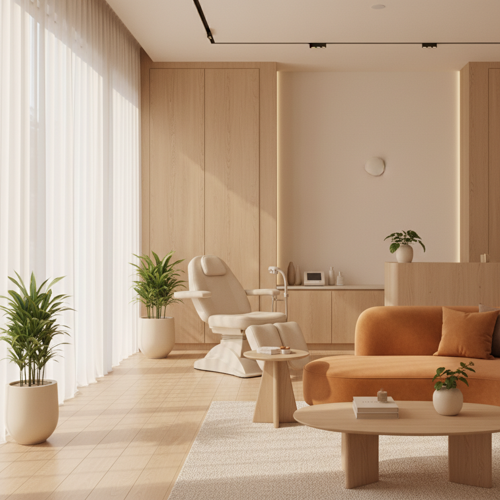 A calm, modern aesthetic and wellness clinic interior in warm cream and oak tones