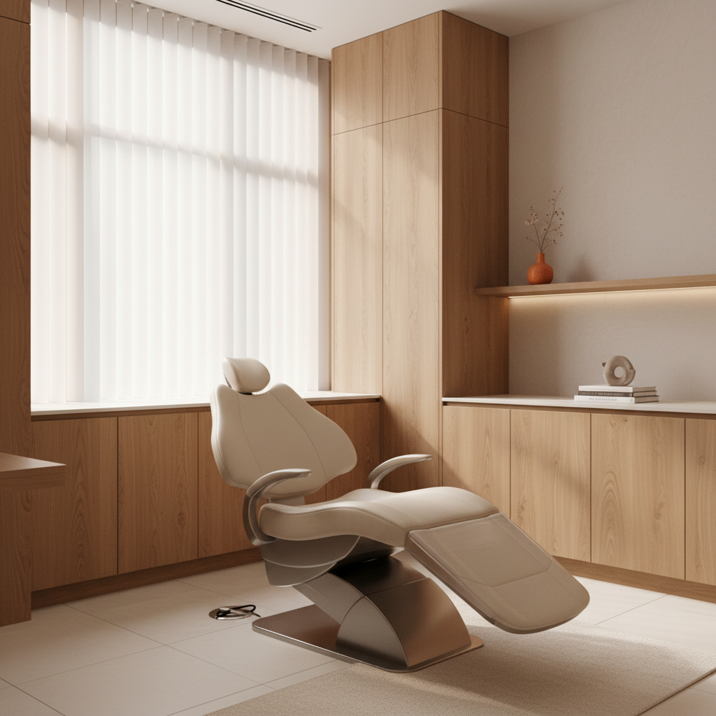 A serene high-end cosmetic and implant dental studio with a cream treatment chair and warm oak interior