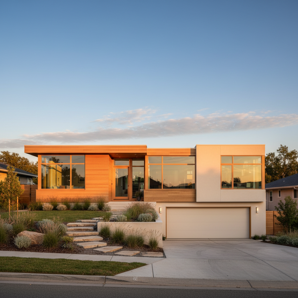 A modern single-family home exterior at golden hour